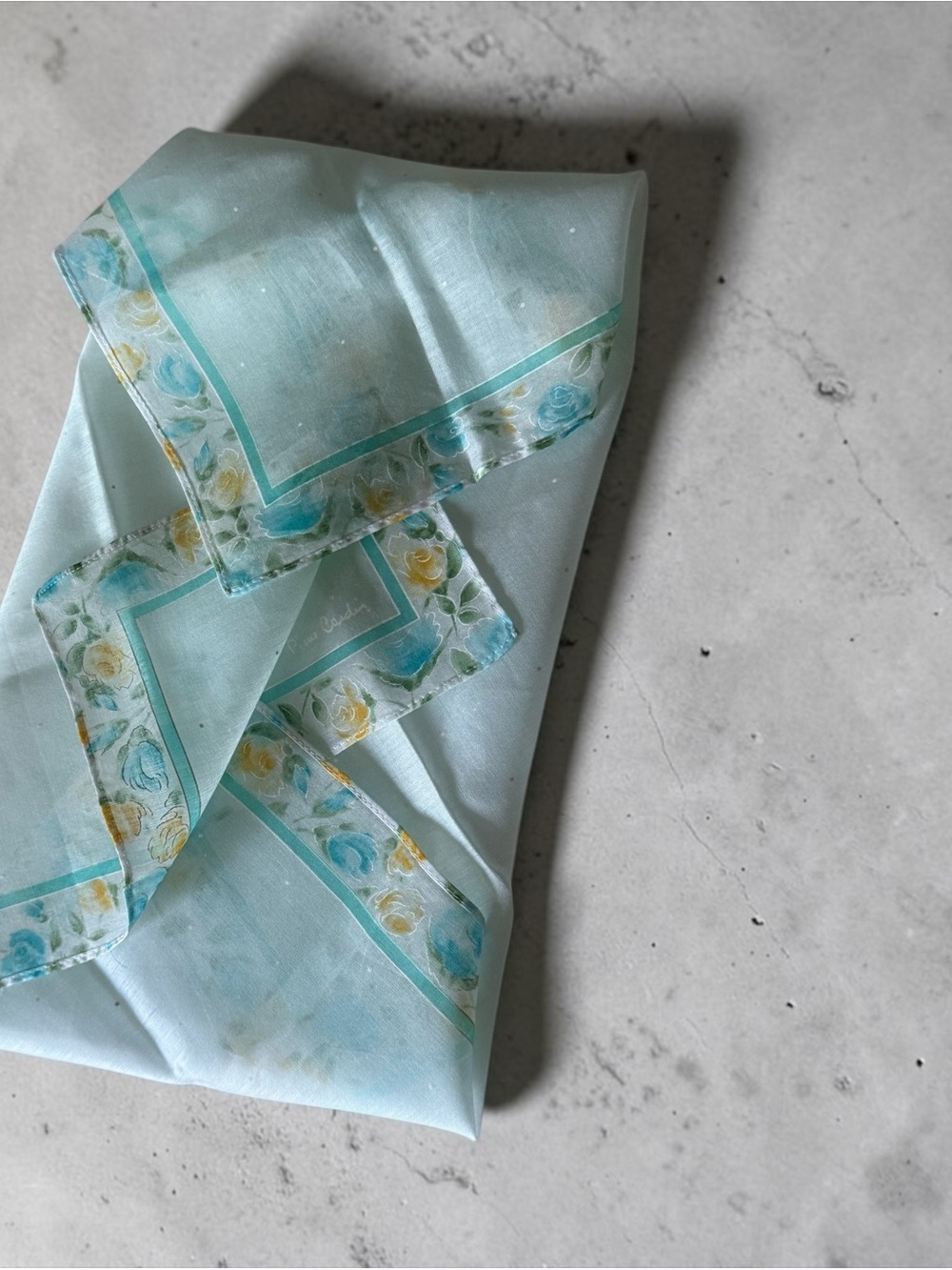 Vintage PIERRE CARDIN Handkerchief Floral Blue Yellow Roses White Cotton Scarf - Picture 6 of 7
